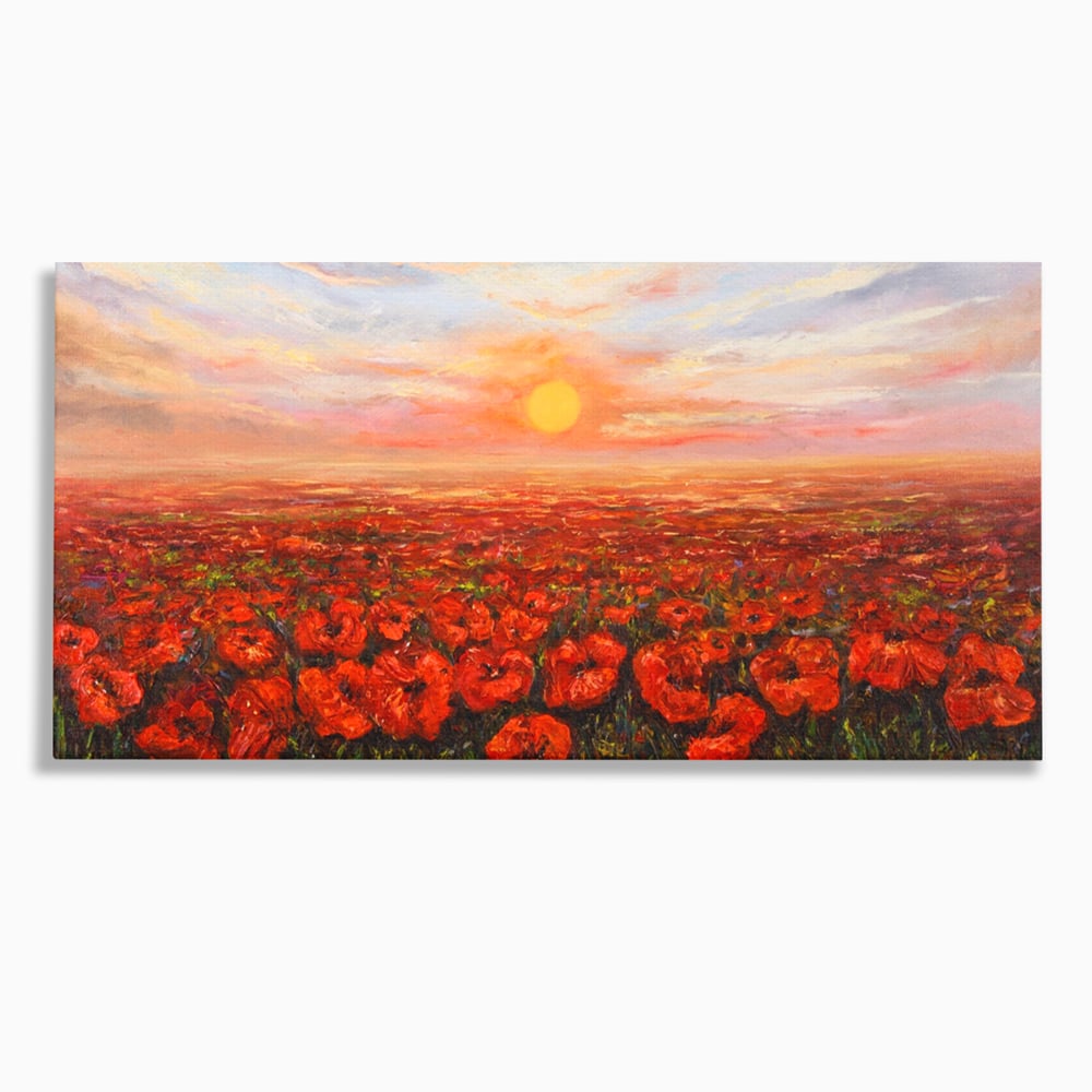 Tablou canvas cu pictura camp cu maci, fara rama, pe sasiu de lemn